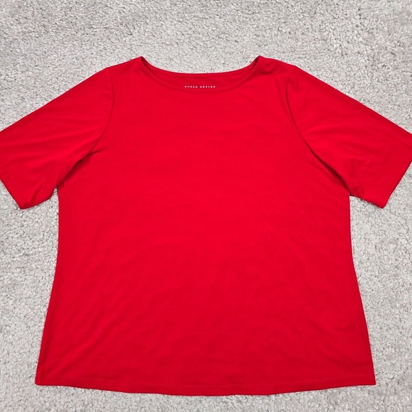 Susan Graver Top Women 1X Red Liquid‎ Knit Short Sleeve Mature Stretch Career - Picture 1 of 9